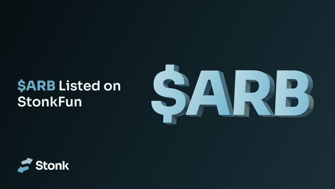 The image announces that $ARB is now listed on StonkFun, featuring the "$ARB" ticker prominently in large blue 3D letters against a dark background, with the Stonk logo displayed in the bottom left corner—visually promoting the platform's new ability to launch coins paired with $ARB as mentioned in the accompanying post.