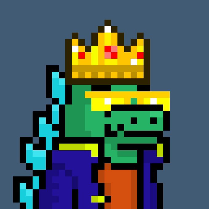A pixel art illustration of a green frog king wearing a golden crown with red gems and holding a blue scepter, set against a blue background.