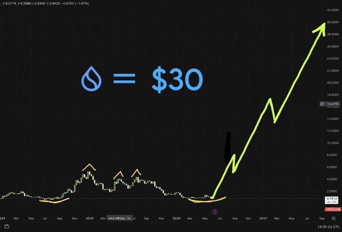 A financial chart showing SUI cryptocurrency projected to reach $30, with a price chart and upward green arrow indicating significant growth.