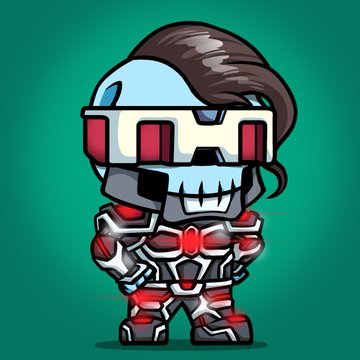 A cartoon-style illustration of a futuristic armored warrior character wearing a helmet with a visor, a skull emblem on the chest, and a flowing ponytail, set against a green background.