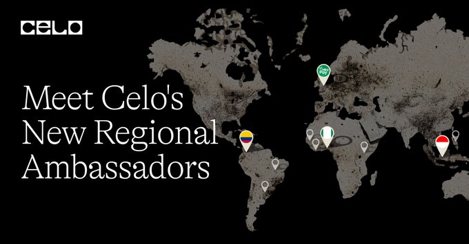 The image displays a dark world map with location pins marking regions including (from left) Venezuela, Brazil, Africa (Nigeria, Uganda), and Singapore, under the "CELO" logo and the headline "Meet Celo's New Regional Ambassadors"—visually illustrating the post's announcement of expanded ambassador presence across Africa, Latin America, and Southeast Asia.