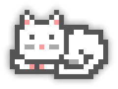 A pixel art illustration of a cute white cat holding a computer mouse.