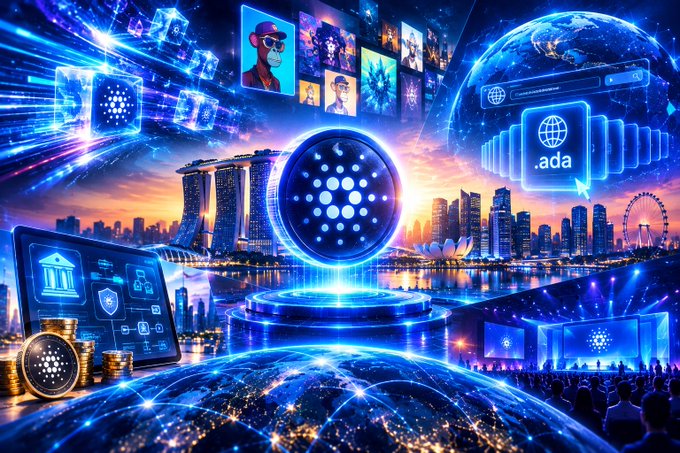 A vibrant digital illustration depicting the Cardano (.ada) ecosystem, featuring a glowing blue logo centerpiece surrounded by a futuristic Singapore skyline, floating NFTs, blockchain cubes, and crowds.
