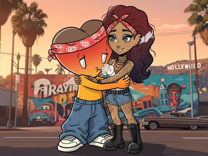 An animated cartoon depicts a tattooed woman in a bandana, tank top, and denim shorts hugging a peach-like character wearing a red bandana, with the Hollywood sign and a mural visible in the background.