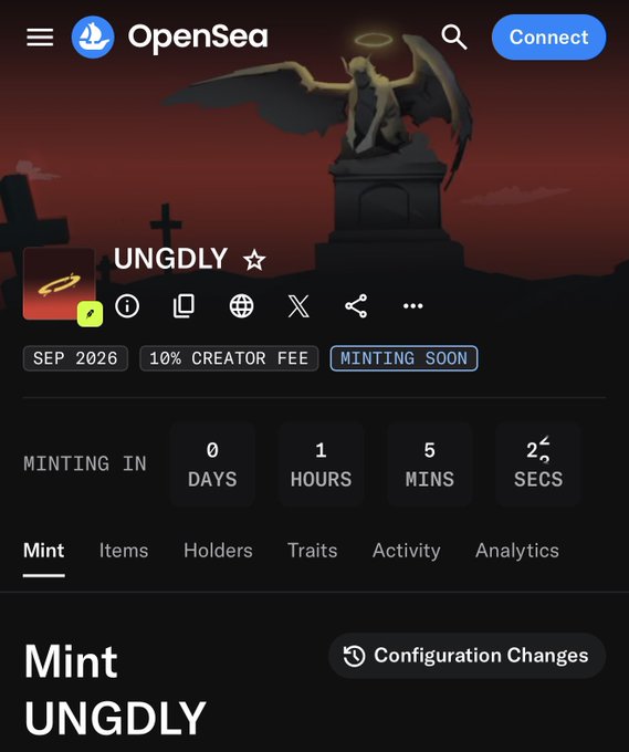 A screenshot of an OpenSea NFT minting page for a collection called 'UNGDLY' with a 10% creator fee, showing a countdown of 0 days, 1 hour, 5 minutes, and 25 seconds.