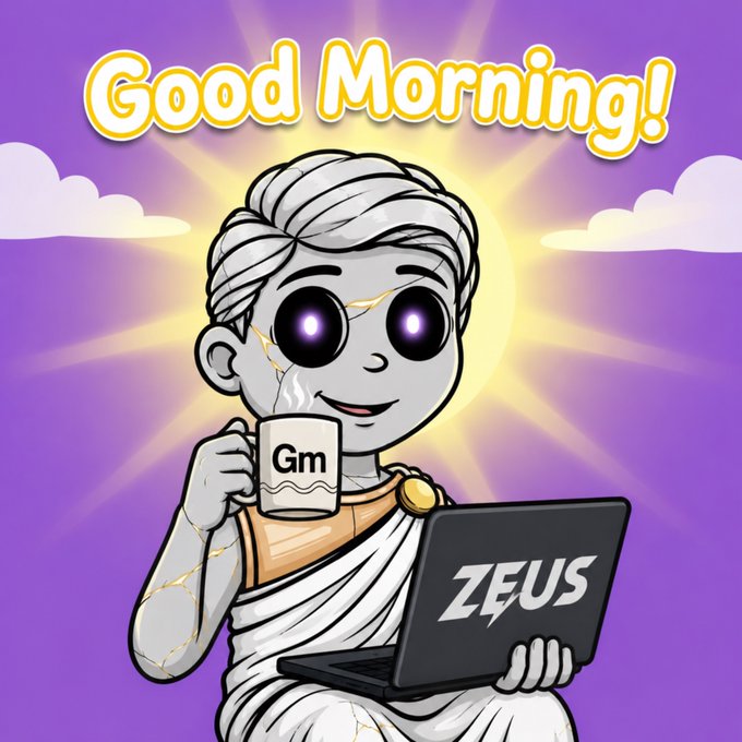 A cartoon marble statue character with glowing purple eyes sips from a "Gm" coffee mug while holding a laptop labeled "ZEUS," all set against a radiant sunrise background with "Good Morning!" text—perfectly matching the cheerful "Gm" greeting post inviting engagement and SOL wallet comments.