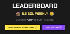 A leaderboard graphic on a dark background displays "LEADERBOARD" at the top, with "B/S SOL WEEKLY" in the center between two coin icons, "Use Code: DEM and Get Bonus!" below, and two highlighted boxes at the bottom showing "WEEKLY WIN SOL LB" (yellow) and "DAILY CODE: DEM" (purple) — promoting a $15 SOL daily giveaway and a $120 weekly leaderboard contest on Spumpio.
