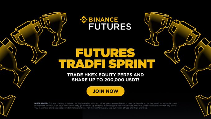 A promotional banner for Binance Futures' "TradFi Sprint" featuring golden trophy illustrations on a black background, inviting users to trade HEX (HKEX) Equity Perps to share up to 200,000 USDT in rewards, with a "JOIN NOW" call-to-action button.