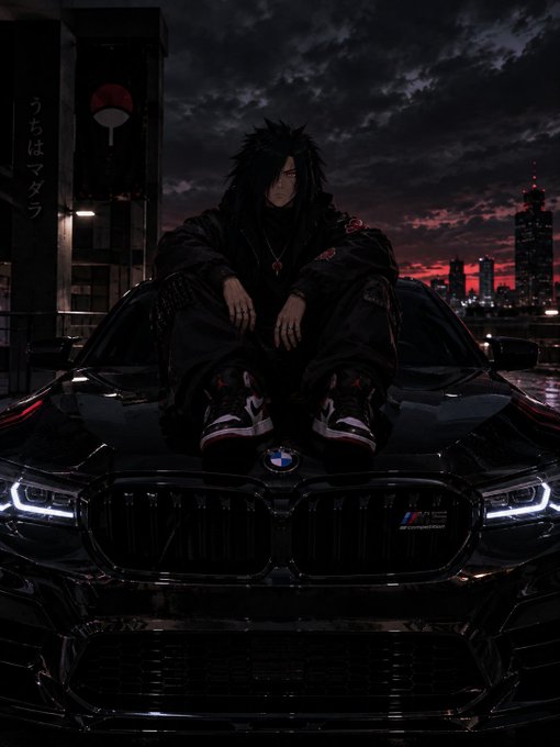 A dark, moody anime-style illustration of a character with long black hair and a black cloak sitting on the hood of a black BMW M5 with illuminated headlights, set against a nighttime city skyline.