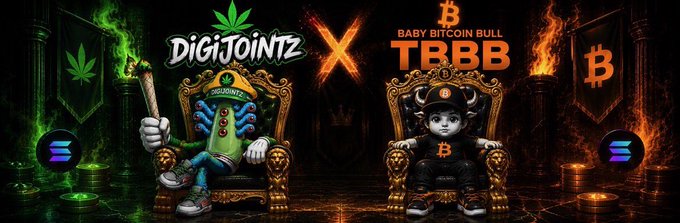 This banner features "DigiJointz" and "Baby Bitcoin Bull TBBB," showcasing a collaboration between the two brands within the crypto community. The image directly relates to the post by serving as new branding for the $TBBB community.