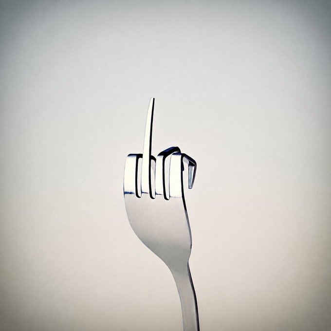 A close-up artistic photograph shows a metal fork twisted into a small loop or knot at the top of its tines against a soft gray background.