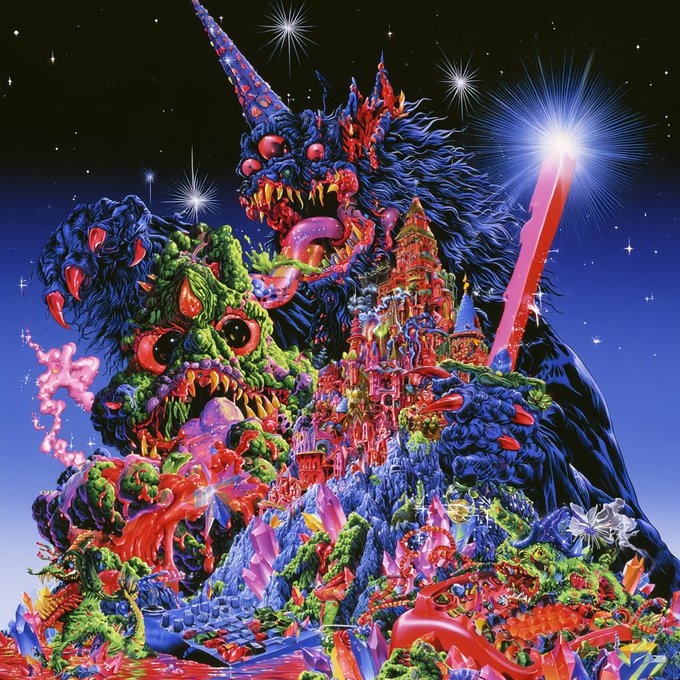 A vibrant, psychedelic fantasy illustration featuring monstrous creatures and a glowing castle set against a starry night sky.
