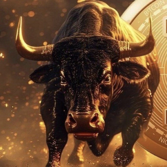 A powerful bronze bull charges forward with intense determination, set against a backdrop of golden sparks and a Bitcoin coin labeled "BITCOIN" — symbolizing the imminent bullish surge in the crypto market.