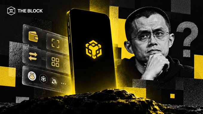 A promotional graphic for 'THE BLOCK' features a man in glasses resting his chin on his hand next to a smartphone displaying app icons and a yellow BNB logo, with question marks in the background.