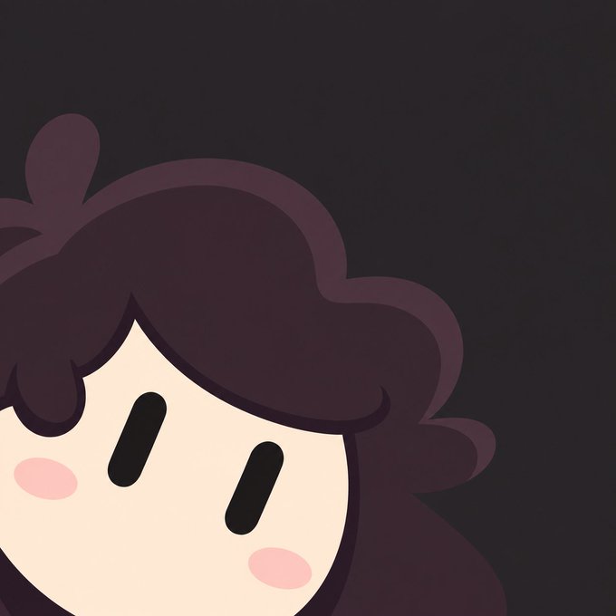 A cartoon-style illustration of a character with dark, wavy hair and pink cheeks against a black background, shown with simple dot eyes.