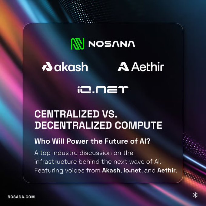 The image features a poster with a purple background that displays three logos representing different companies: @akashnet, @nosana_ai, and @AethirCloud. The text below the logos reads "Centralized vs Decentralized Compute", which is related to the main topic of discussion in this panel. The image also includes a star icon located at the bottom right corner, possibly indicating that it's part of a social media platform or website.