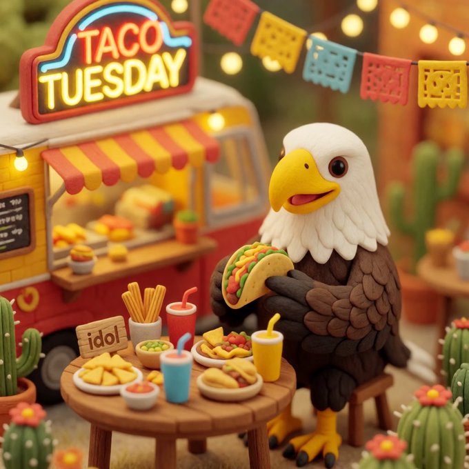A 3D-rendered illustration of an anthropomorphic bald eagle holding a taco, sitting at a wooden table with tacos, nachos, and drinks, with a 'TACO TUESDAY' food truck in the background and cacti in the foreground.