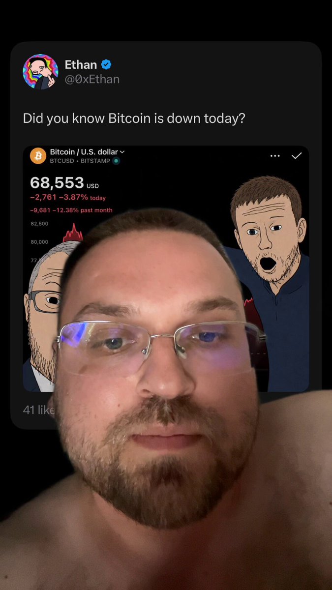 The image features a man with glasses wearing a shirt, who appears to be taking a selfie or sharing a picture of himself with others. The caption of the photo includes information about Bitcoin and its value, stating that it's down today. This suggests that the man might be discussing or reacting to the current state of Bitcoin in his post.