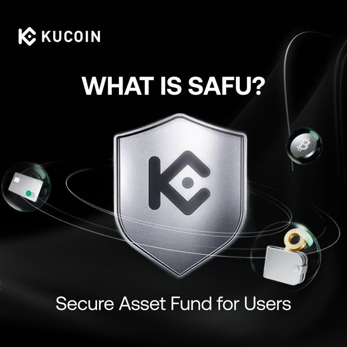 A KuCoin-branded graphic asks "WHAT IS SAFU?" above a metallic shield bearing the company's logo, with orbiting icons of a Bitcoin, wallet, and credit card, while text below clarifies that SAFU stands for "Secure Asset Fund for Users"—reinforcing the post's message that KuCoin maintains an emergency insurance fund to safeguard user assets.