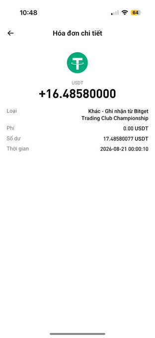 A mobile phone transaction receipt showing a credit of +16.48580000 USDT from 'Khác - Ghi nhận từ Bitget Trading Club Championship' dated 2026-08-21.