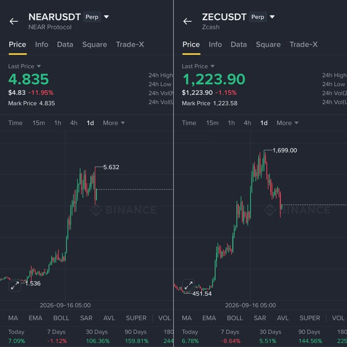 Binance cryptocurrency charts for NEARUSDT at $4.835 (down 11.95%) and ZECUSDT (Zcash) at $1,223.90 (down 1.15%), both showing price peaks and declines over 1-day periods.