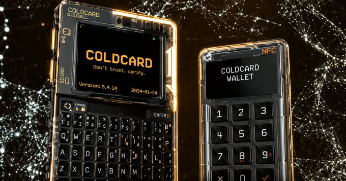 Two COINCARD hardware cryptocurrency wallets are displayed: a Mk4 Coldcard on the left with a full QWERTY keyboard, and a Coldcard Wallet with NFC and a numeric keypad on the right.