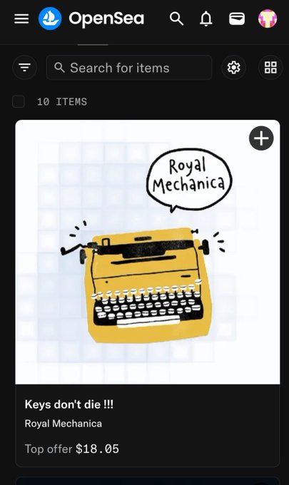 Screenshot of the OpenSea NFT marketplace showing a collection titled 'Keys don't die !!!' by Royal Mechanica with a top offer of $18.05.