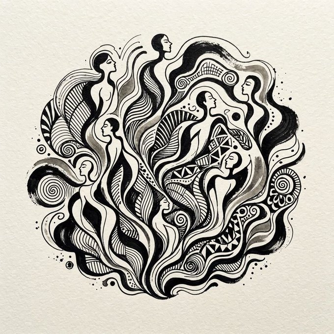 A black and white ink illustration featuring stylized human figures with flowing hair and abstract patterns arranged in a circular composition.