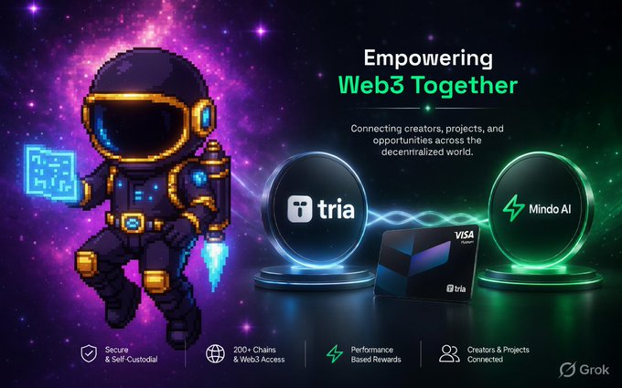 The image features a cartoon character dressed as an astronaut with a rocket ship, standing next to two computer mice labeled "Tria" and "Mondo AI". The text above them reads "Empowering Web3 Together", while below them there are descriptions of the Web3 ecosystem, including its purpose, benefits, and how it can be used.