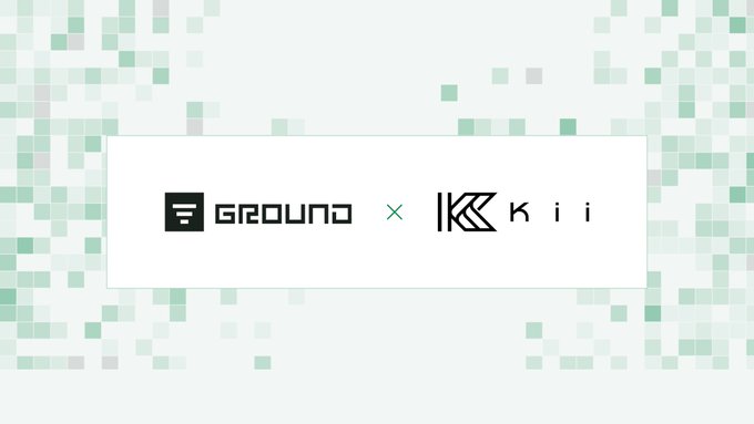A collaboration banner featuring the logos of "GROUND" and "Kii" side-by-side with an "×" between them, set against a pixelated green and white background, representing the partnership between Ground and Kii Chain to bring stablecoin yield infrastructure to emerging markets.