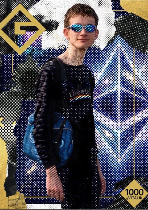A stylized digital illustration resembling a trading card, featuring a young man in a 'thereta' t-shirt and blue sunglasses with '1000 VITALIK' in the bottom corner, referencing Ethereum's co-founder.