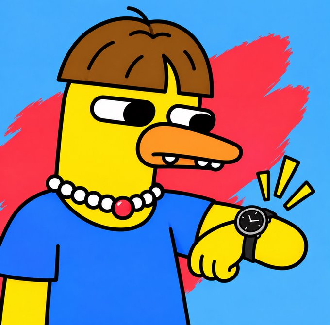 A cartoon illustration of a yellow character with a brown bowl haircut, orange nose, pearl necklace, and blue shirt looking at his wristwatch with a startled expression against a blue and red background.