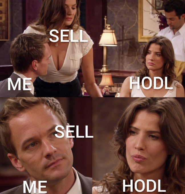 A four-panel meme featuring a man and woman from a soap opera, labeled "ME SELL" and "HODL", depicting the internal conflict of choosing whether to sell or hold an investment.