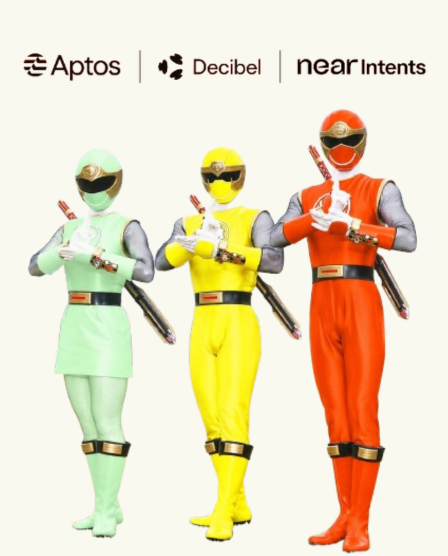 Three costumed figures in green, yellow, and red Power Rangers-style suits, with logos for Aptos, Decibel, and near Intents at the top.
