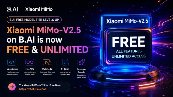 A promotional graphic announces that "Xiaomi MiMo-V2.5" is now "FREE" with "UNLIMITED ACCESS" on the B.AI platform, highlighting features like open source, free APIs, multimodal capabilities, 1M token long context, and developer-friendly access. The bold design with a neon-lit "FREE" badge reinforces the post's message about lowering barriers for developers to build and innovate using Xiaomi's AI model.