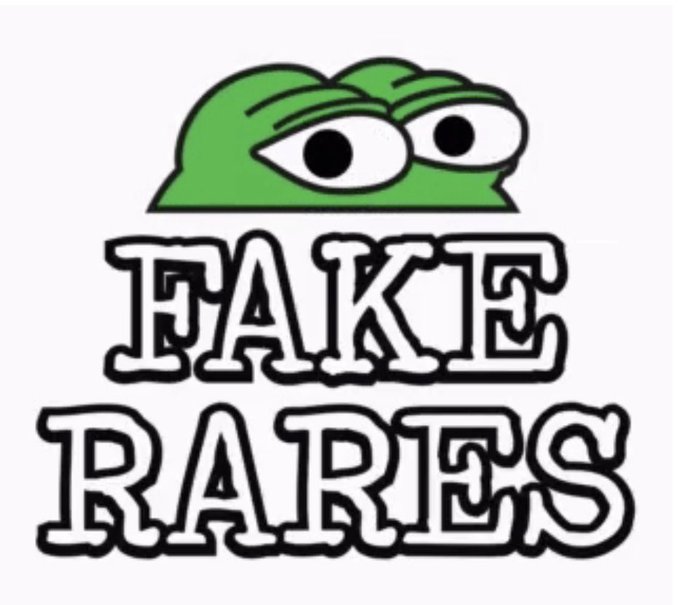 A logo featuring a green frog-like character with large eyes above the stylized text 'FAKE RARES'.