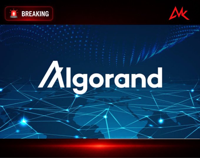 A news-style graphic with a 'BREAKING' alert displaying the 'Algorand' logo over a blue networked world map background.
