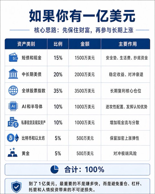 A Chinese investment chart titled '如果你有一亿美元' (If you had $100 million) showing asset allocation: short-term bonds 15%, medium-long bonds 20%, global stocks 35%, AI/semiconductors 10%, private credit 10%, Bitcoin/Ethereum 5%, gold 5%.