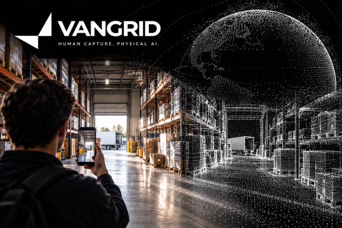 A person films a warehouse interior with a smartphone while a wireframe globe overlay illustrates digital capture, promoting **VANGRID** ("Human Capture. Physical AI.")—visually echoing the post's concept of AI agents paying people with phones to capture real-world locations via an agent bounty API.