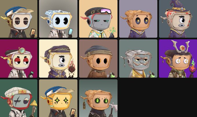 A collection of 13 stylized character portraits in a grid format, featuring characters with various headwear, outfits, and expressions against different colored backgrounds.