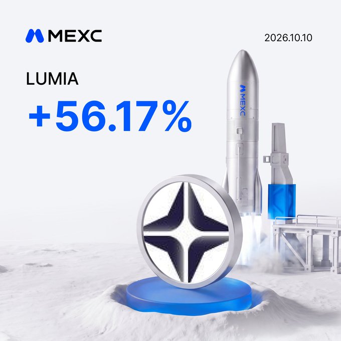 A MEXC promotional graphic showcases the $LUMIA token with a rocket launch visual alongside its star emblem, highlighting a +56.17% gain as of 2026.10.10. The "mooning" imagery directly reinforces the post's message of LUMIA's strong upward performance on MEXC Futures.