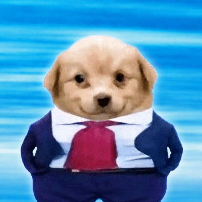 A digitally edited image of a puppy's face superimposed onto a human body wearing a blue suit and red tie against a blue background.
