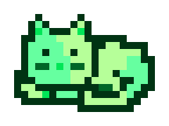 A pixel art illustration depicts a green frog sitting with its legs splayed out.