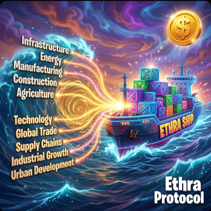 Colorful digital illustration showing a cargo ship labeled 'ETHRA SHIP' loaded with containers, sailing on stylized waves under a swirling sky, with a gold dollar coin floating above. Text lists sectors like Infrastructure, Energy, Manufacturing, and Technology, with 'Ethra Protocol' branding in the corner.