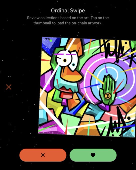 The 'Ordinal Swipe' app screen displays a colorful crypto-themed artwork with a Bitcoin hand, alongside red 'X' and green heart buttons for swiping.