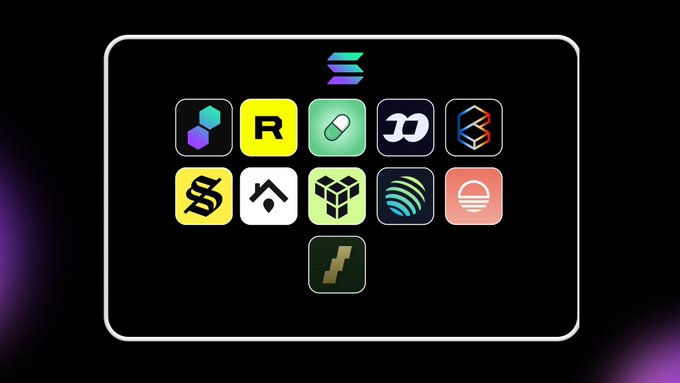 A dark interface displaying a grid of various cryptocurrency and blockchain project logos including Solana and others under a stacked logo.