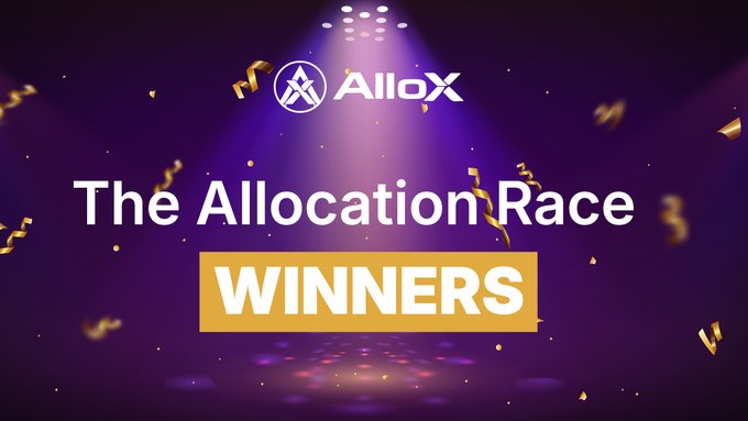 In the center of a purple background, there's an announcement for The Allocation Race winners. The text, "The Allocation Race Winners", is displayed at the top right corner. Below that, the names of the winners are presented, indicating $50,000, $25,000, and $15,000 in gems respectively. In addition to the winners' names, there's a line that says "Three $500,000 have been distributed among the top 2,000 winners on the leaderboard". Finally, it states "Check your AlloX account now and see where you landed."