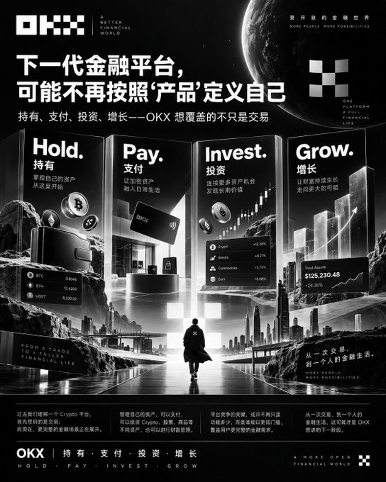 An OKX advertisement promoting its financial platform with the tagline '下一代金融平台，可能不再按照产品定义自己' (Next-gen financial platform may no longer define itself by products), featuring four pillars: Hold, Pay, Invest, Grow.