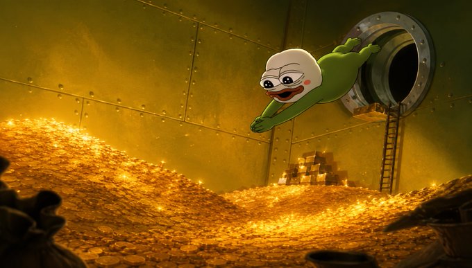 A scene from an animated film showing a small character in a frog-like costume diving toward a massive pile of gold coins inside a vault.
