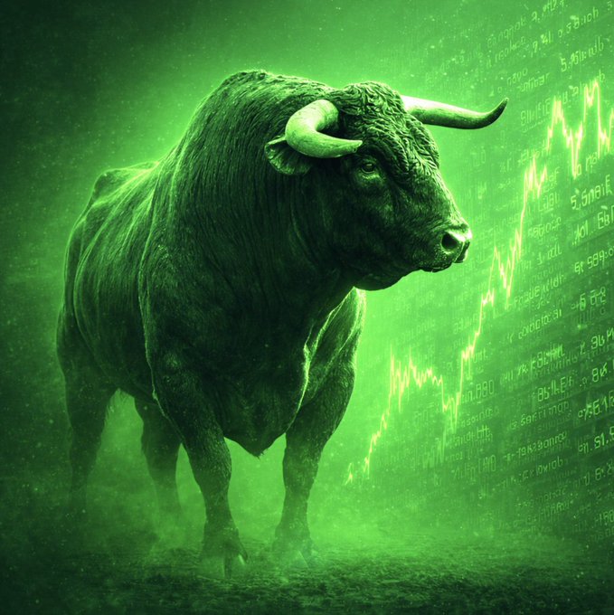 A powerful green-tinted bull stands amid rising stock chart lines and faint numerical data, symbolizing the bullish market sentiment as Polymarket odds show a 74% chance of Bitcoin pumping to $65,000 this month.